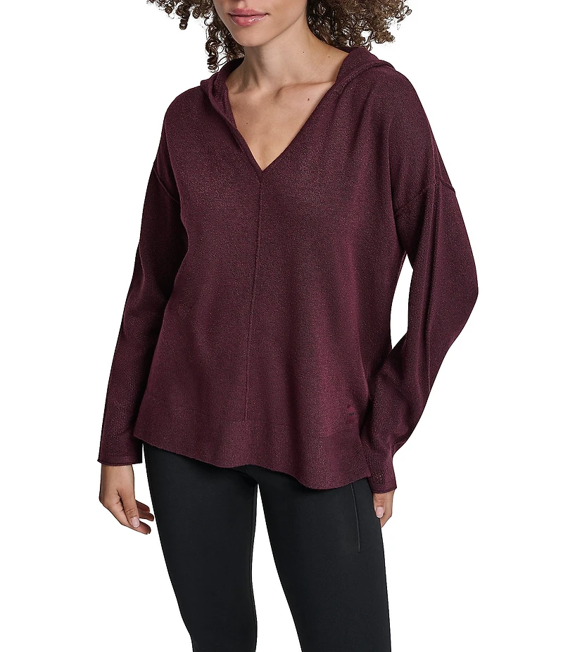 DKNY Sport by Donna Karan Long Sleeve Open Pointelle Stitch V-Neck Hoodie