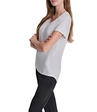 DKNY Sport By Donna Karan Micro Peached Jersey V-Neck Short Sleeve High Low Tee
