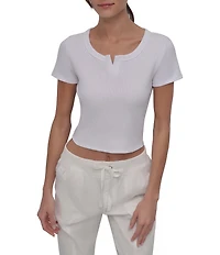 DKNY Sport by Donna Karan Ribbed Notched Crew Neck Short Sleeve Cropped Tee