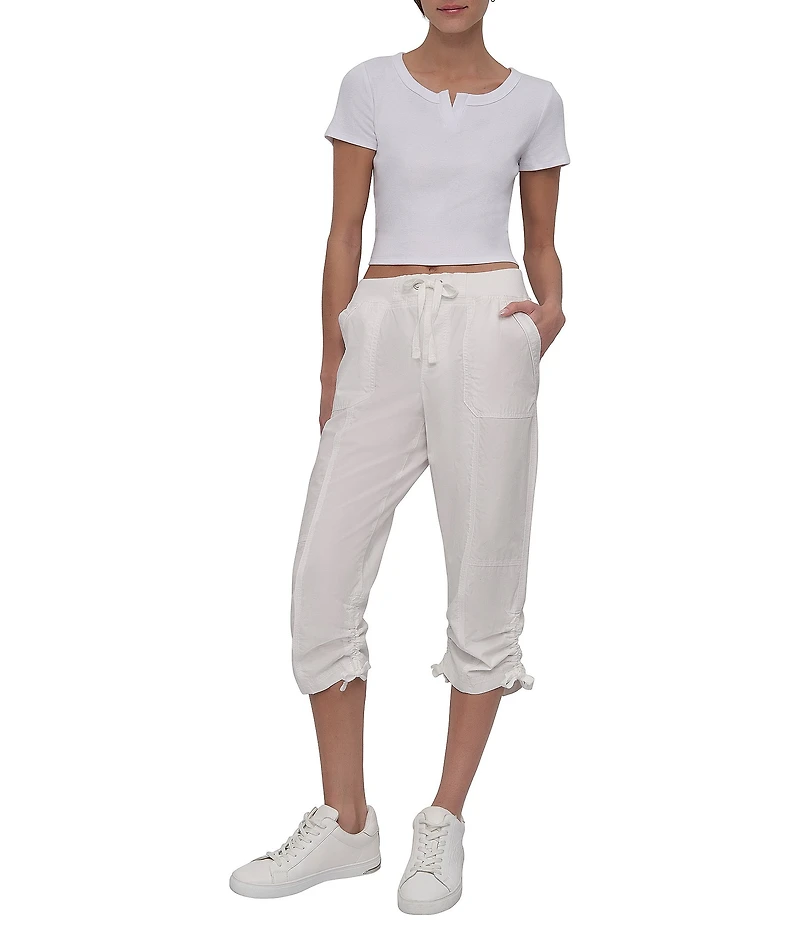 DKNY Sport by Donna Karan Ribbed Notched Crew Neck Short Sleeve Cropped Tee