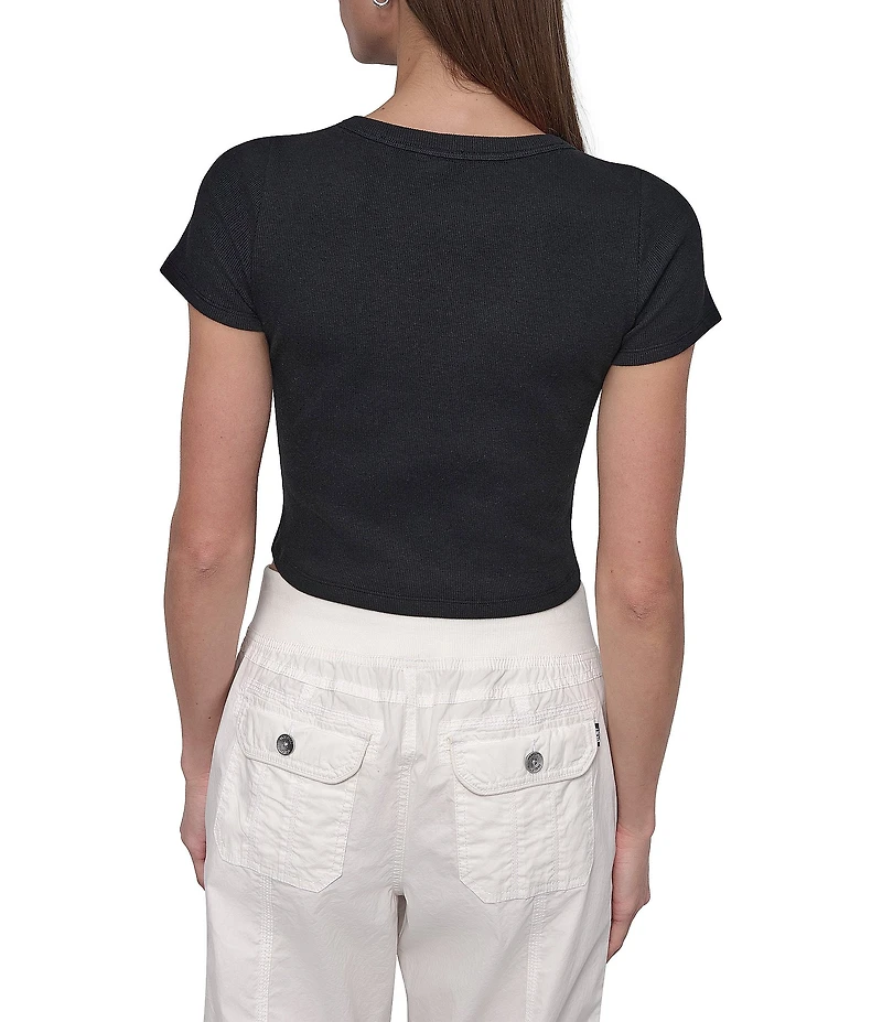 DKNY Sport by Donna Karan Ribbed Notched Crew Neck Short Sleeve Cropped Tee