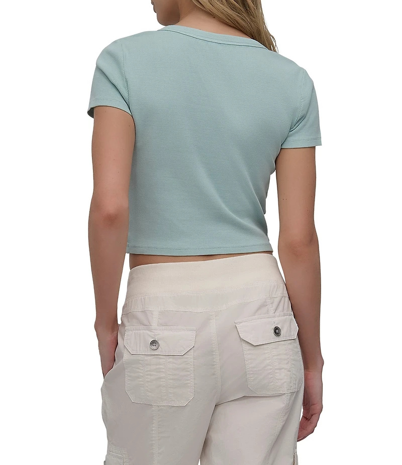 DKNY Sport by Donna Karan Ribbed Notched Crew Neck Short Sleeve Cropped Tee