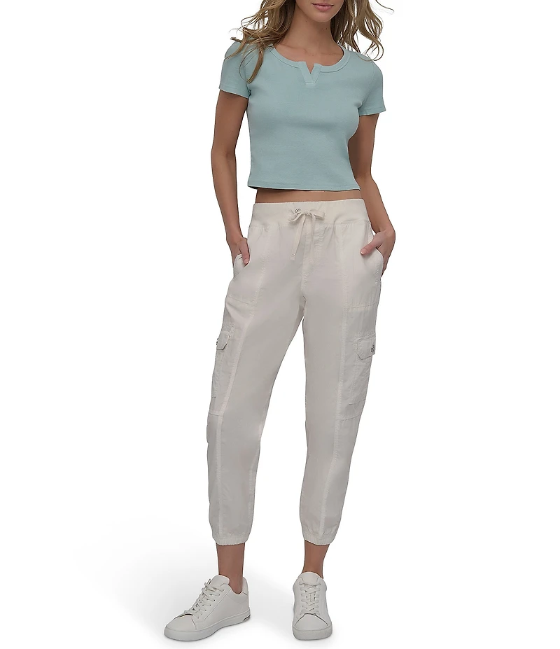 DKNY Sport by Donna Karan Ribbed Notched Crew Neck Short Sleeve Cropped Tee