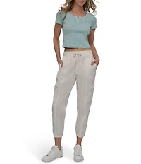 DKNY Sport by Donna Karan Ribbed Notched Crew Neck Short Sleeve Cropped Tee