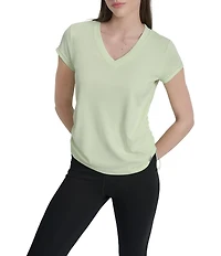 DKNY Sport by Donna Karan V Neck Short Sleeve Tech Ruched Side Seam Tee
