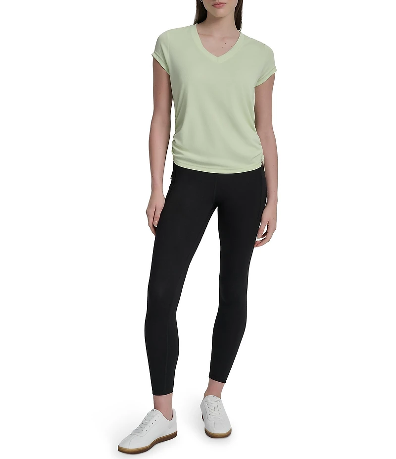 DKNY Sport by Donna Karan V Neck Short Sleeve Tech Ruched Side Seam Tee