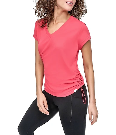 DKNY Sport by Donna Karan V Neck Short Sleeve Tech Ruched Side Seam Tee