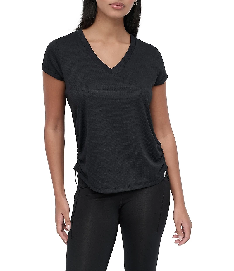 DKNY Sport by Donna Karan V Neck Short Sleeve Tech Ruched Side Seam Tee