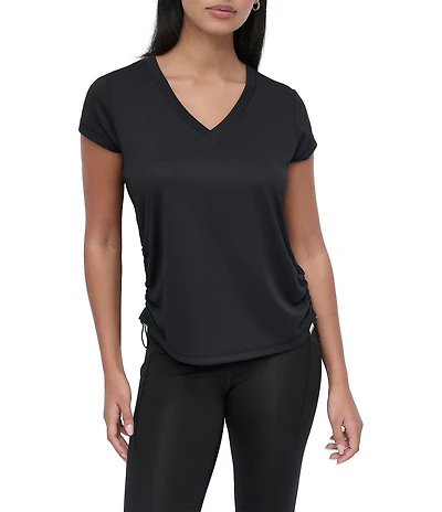 DKNY Sport by Donna Karan V Neck Short Sleeve Tech Ruched Side Seam Tee