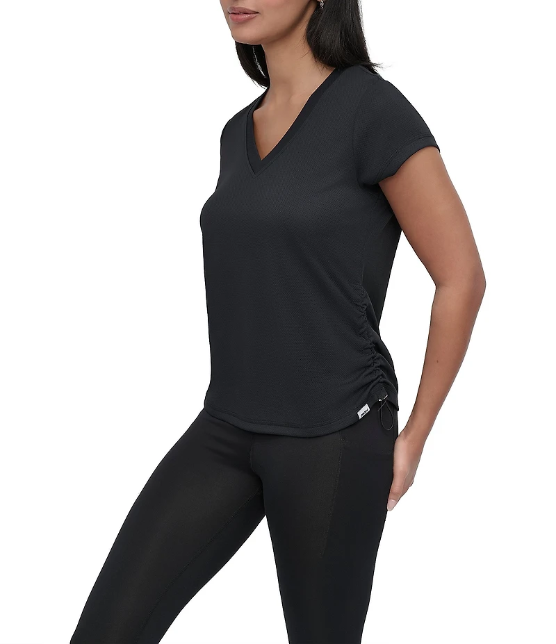 DKNY Sport by Donna Karan V Neck Short Sleeve Tech Ruched Side Seam Tee