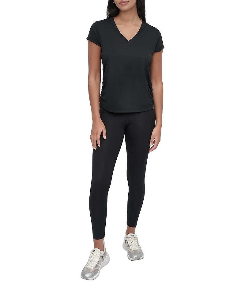 DKNY Sport by Donna Karan V Neck Short Sleeve Tech Ruched Side Seam Tee