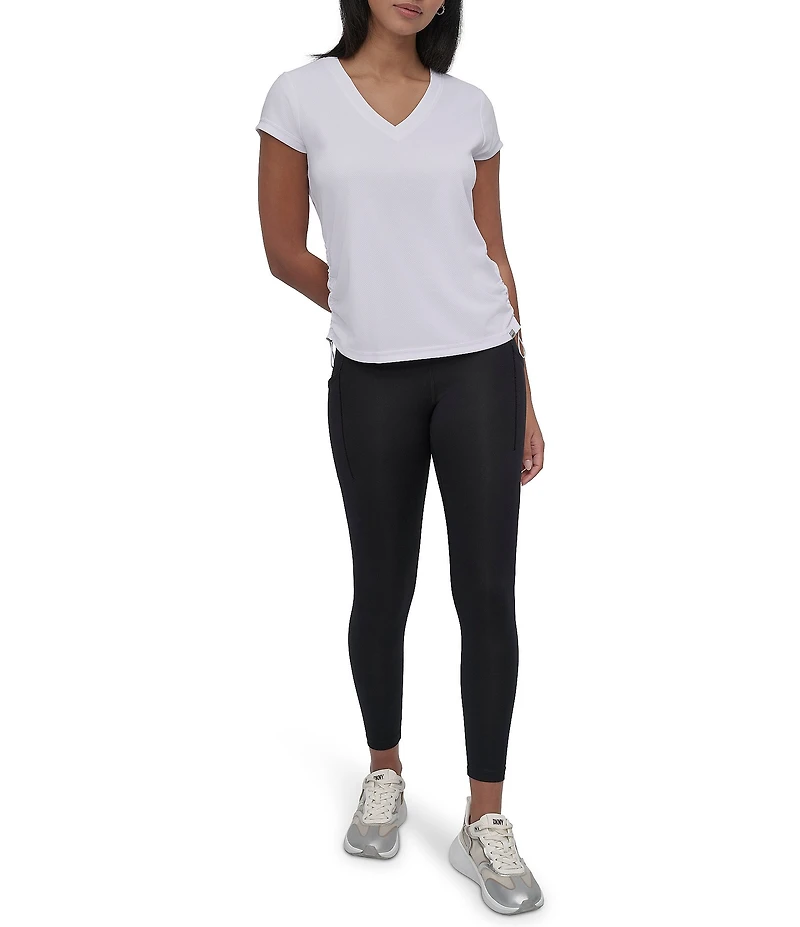 DKNY Sport by Donna Karan V Neck Short Sleeve Tech Ruched Side Seam Tee