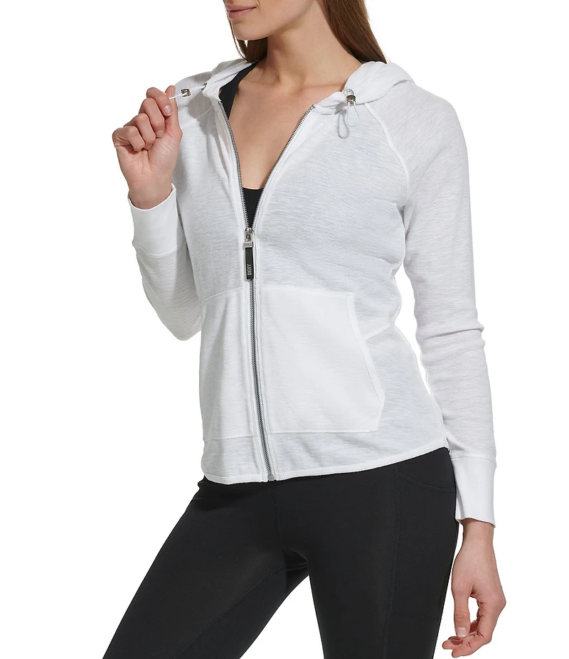 DKNY Sport by Donna Karan Long Sleeve Full Zip Mini Slub Waffle Pocketed Hoodie
