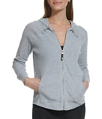 DKNY Sport by Donna Karan Long Sleeve Full Zip Mini Slub Waffle Pocketed Hoodie