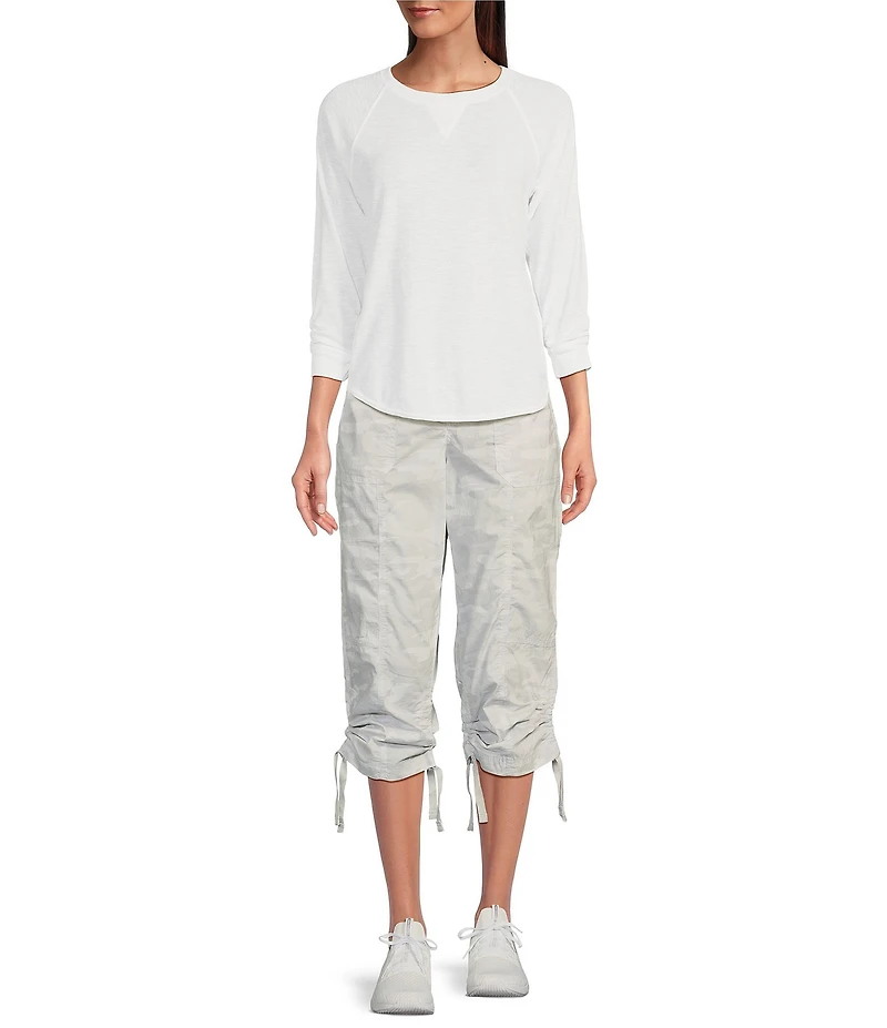 DKNY Sport by Donna Karan Peached Poplin Ribbed Waist Camo Print Convertible Cinched Cargo Capri Pull-On Pant