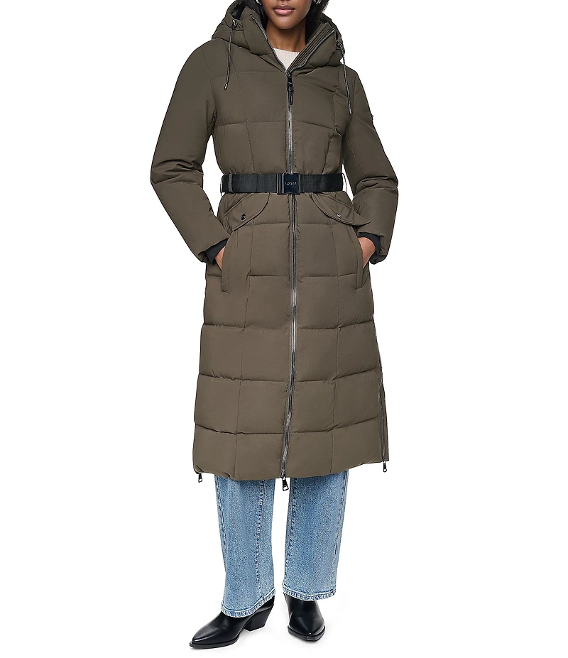 DKNY Stand Collar Attached Hooded Belted Zip Front Long Puffer Jacket