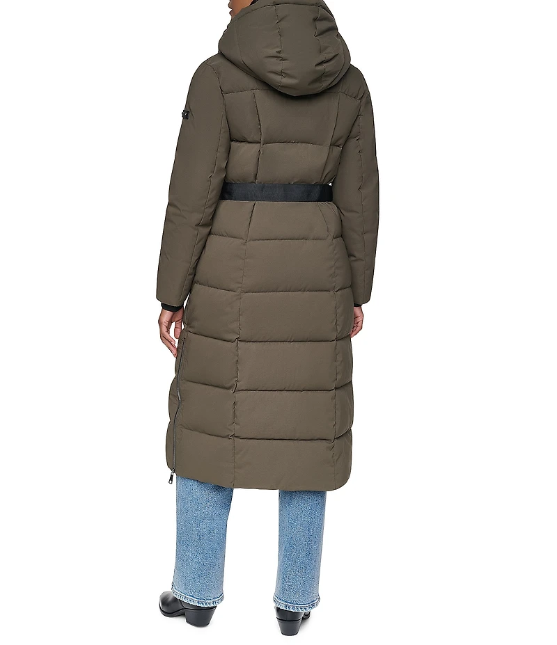 DKNY Stand Collar Attached Hooded Belted Zip Front Long Puffer Jacket