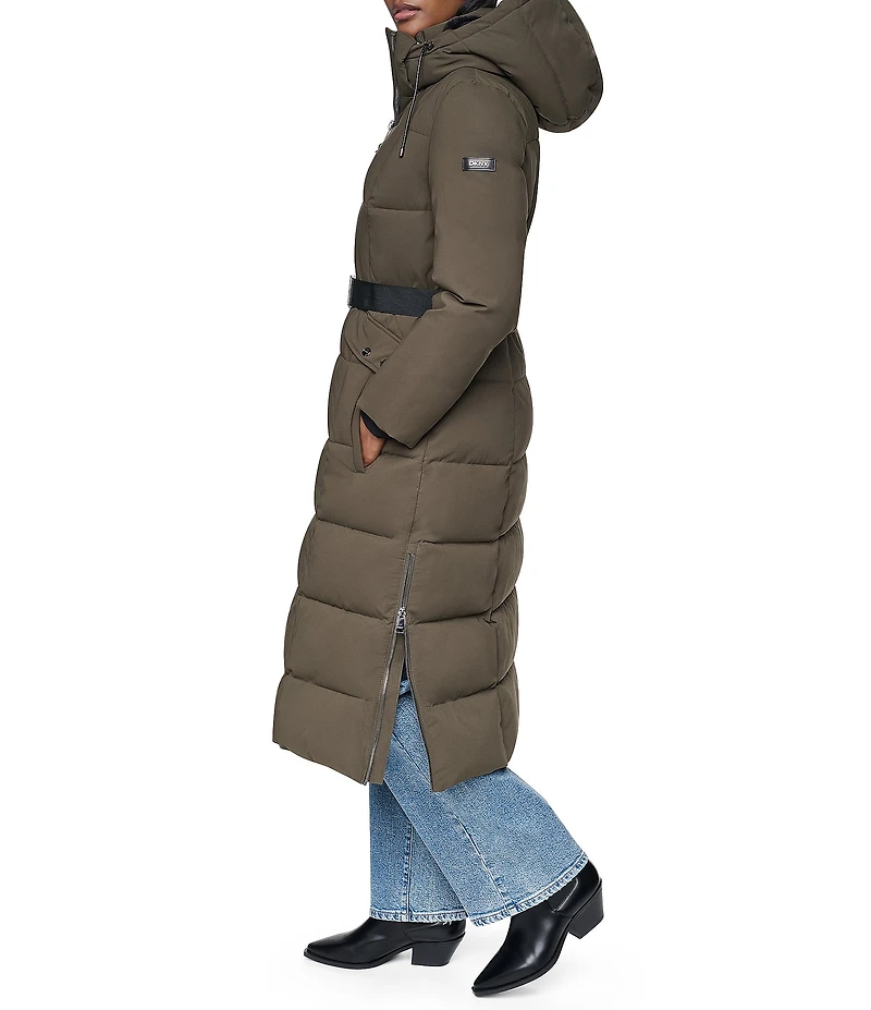 DKNY Stand Collar Attached Hooded Belted Zip Front Long Puffer Jacket