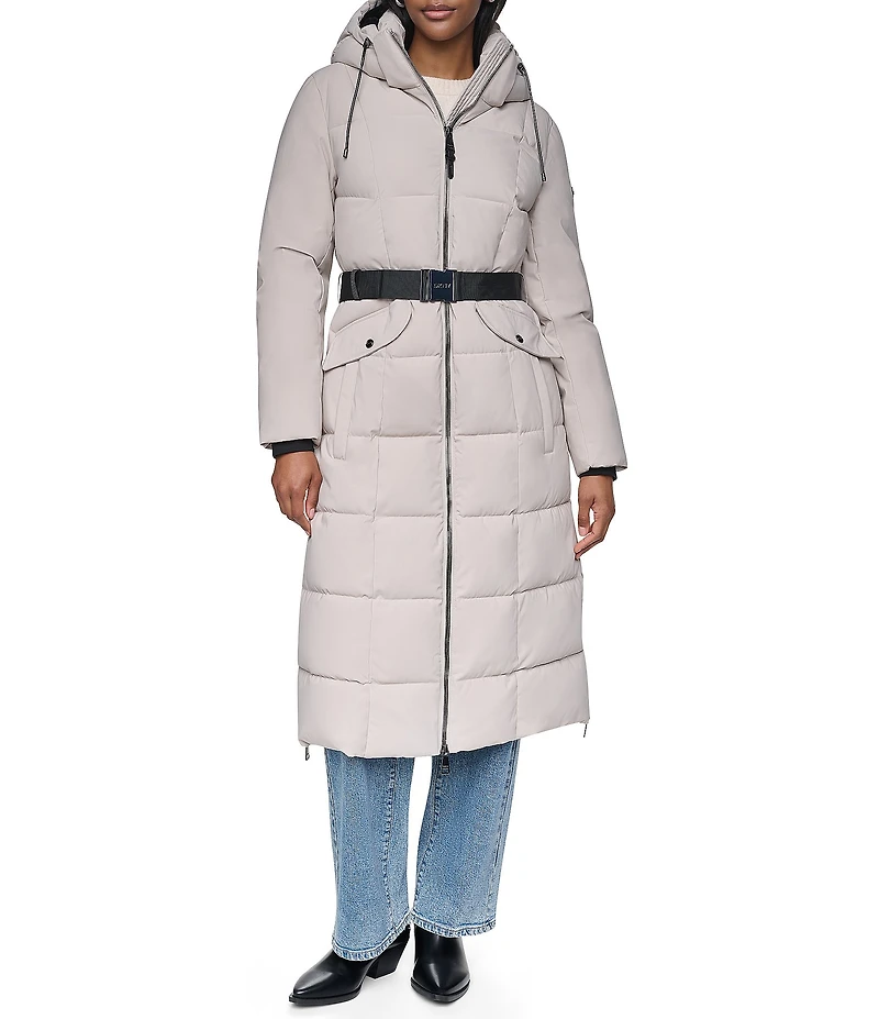 DKNY Stand Collar Attached Hooded Belted Zip Front Long Puffer Jacket
