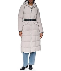 DKNY Stand Collar Attached Hooded Belted Zip Front Long Puffer Jacket