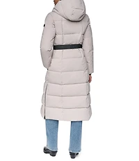 DKNY Stand Collar Attached Hooded Belted Zip Front Long Puffer Jacket