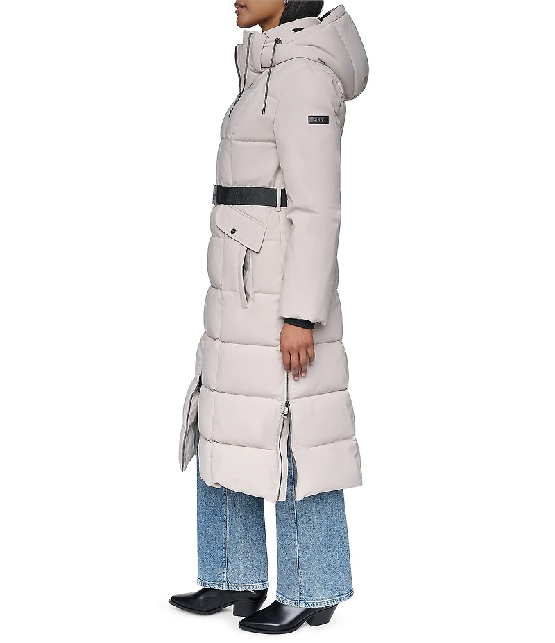 DKNY Stand Collar Attached Hooded Belted Zip Front Long Puffer Jacket