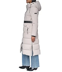 DKNY Stand Collar Attached Hooded Belted Zip Front Long Puffer Jacket