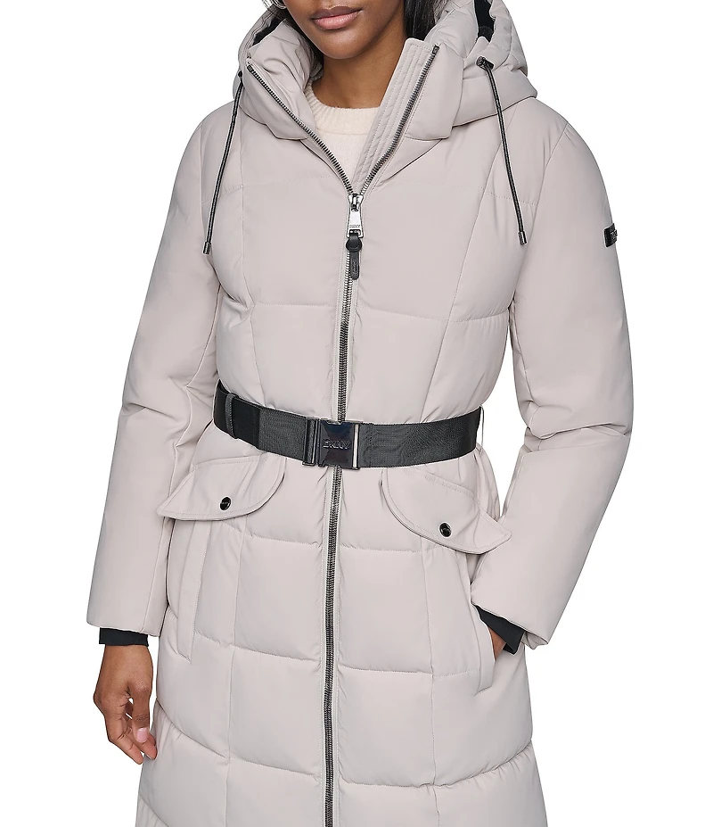 DKNY Stand Collar Attached Hooded Belted Zip Front Long Puffer Jacket