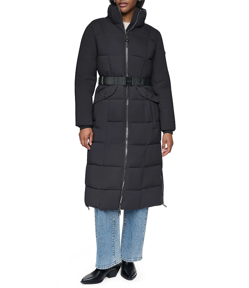 DKNY Stand Collar Attached Hooded Belted Zip Front Long Puffer Jacket