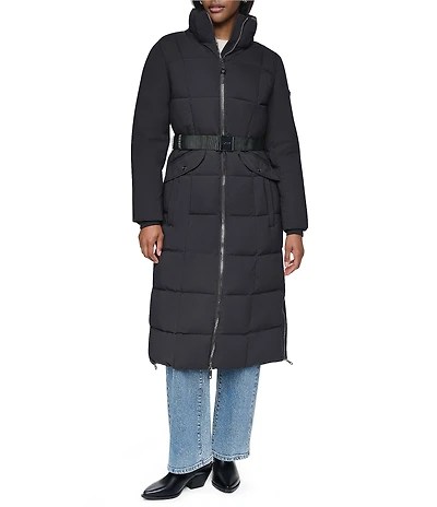 DKNY Stand Collar Attached Hooded Belted Zip Front Long Puffer Jacket