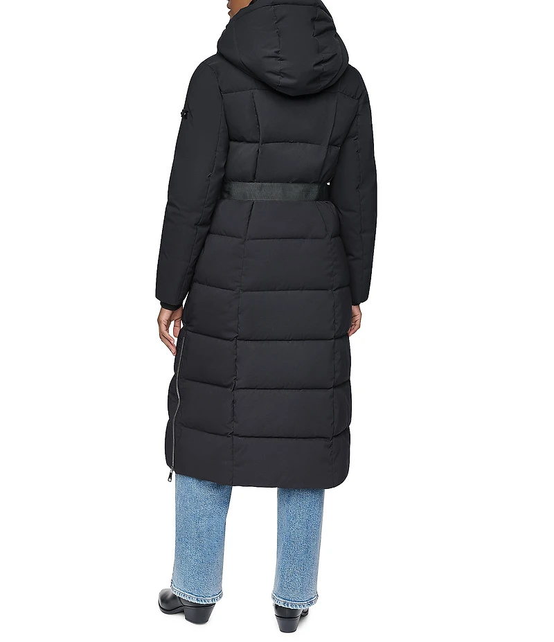DKNY Stand Collar Attached Hooded Belted Zip Front Long Puffer Jacket