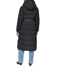 DKNY Stand Collar Attached Hooded Belted Zip Front Long Puffer Jacket