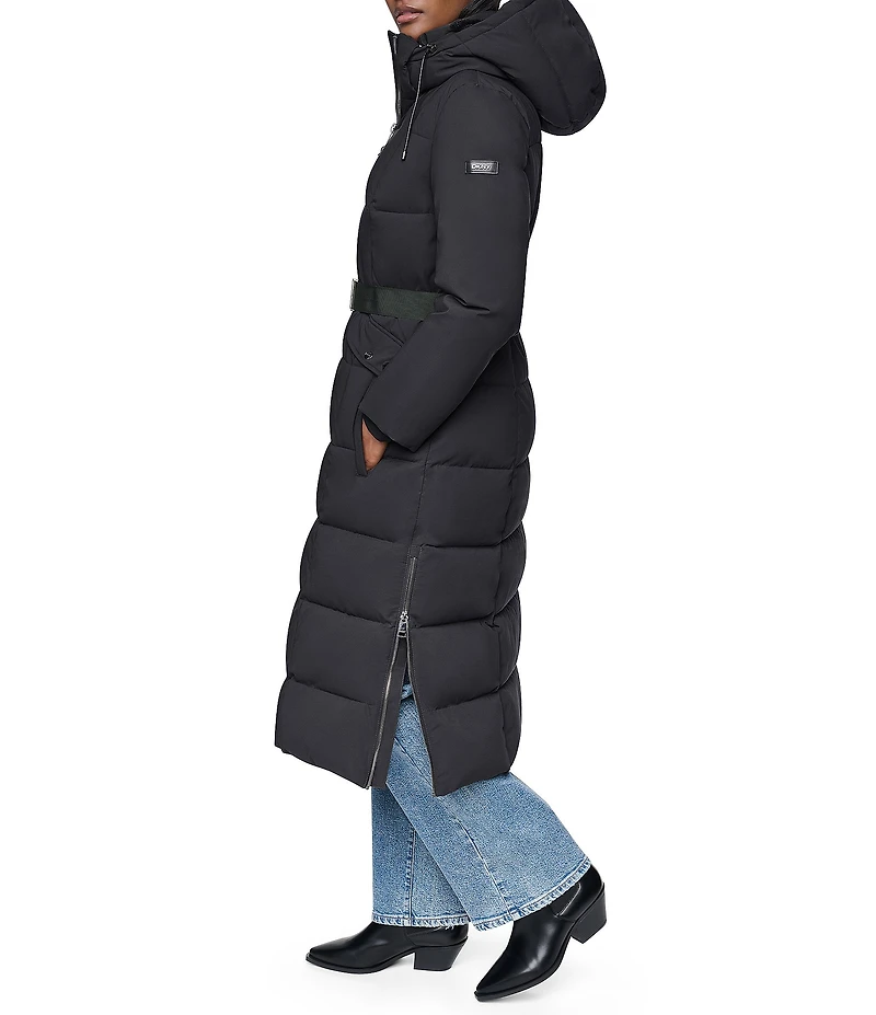 DKNY Stand Collar Attached Hooded Belted Zip Front Long Puffer Jacket