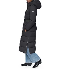 DKNY Stand Collar Attached Hooded Belted Zip Front Long Puffer Jacket