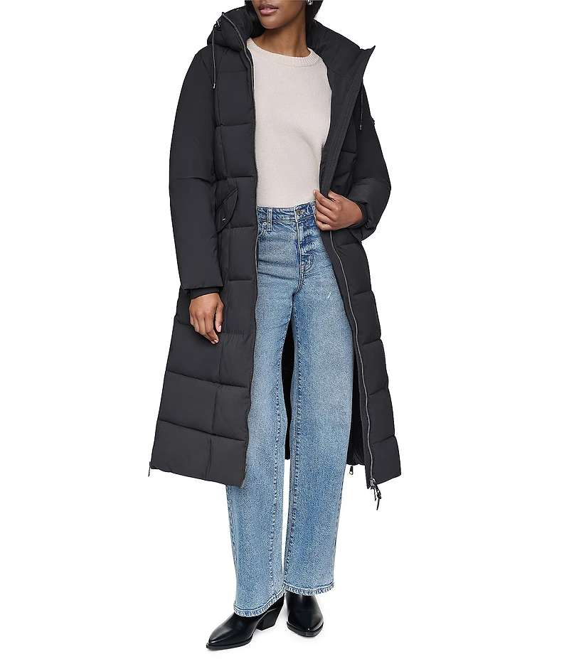 DKNY Stand Collar Attached Hooded Belted Zip Front Long Puffer Jacket