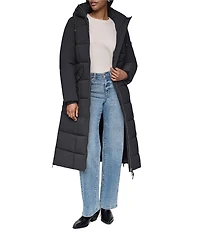 DKNY Stand Collar Attached Hooded Belted Zip Front Long Puffer Jacket