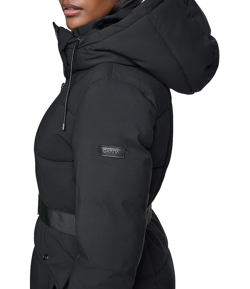 DKNY Stand Collar Attached Hooded Belted Zip Front Long Puffer Jacket