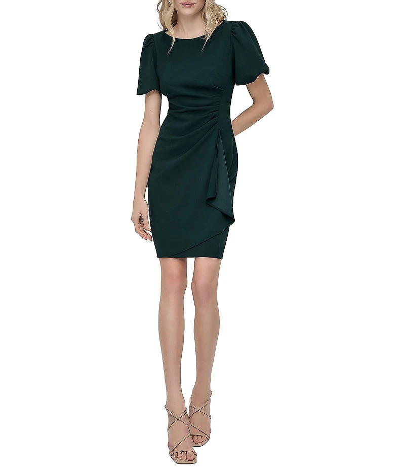 DKNY by Donna Karan Stretch Crepe Boat Neckline Short Puff Sleeve Ruched Front Sheath Dress