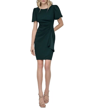 DKNY by Donna Karan Stretch Crepe Boat Neckline Short Puff Sleeve Ruched Front Sheath Dress