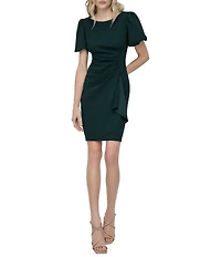 DKNY by Donna Karan Stretch Crepe Boat Neckline Short Puff Sleeve Ruched Front Sheath Dress