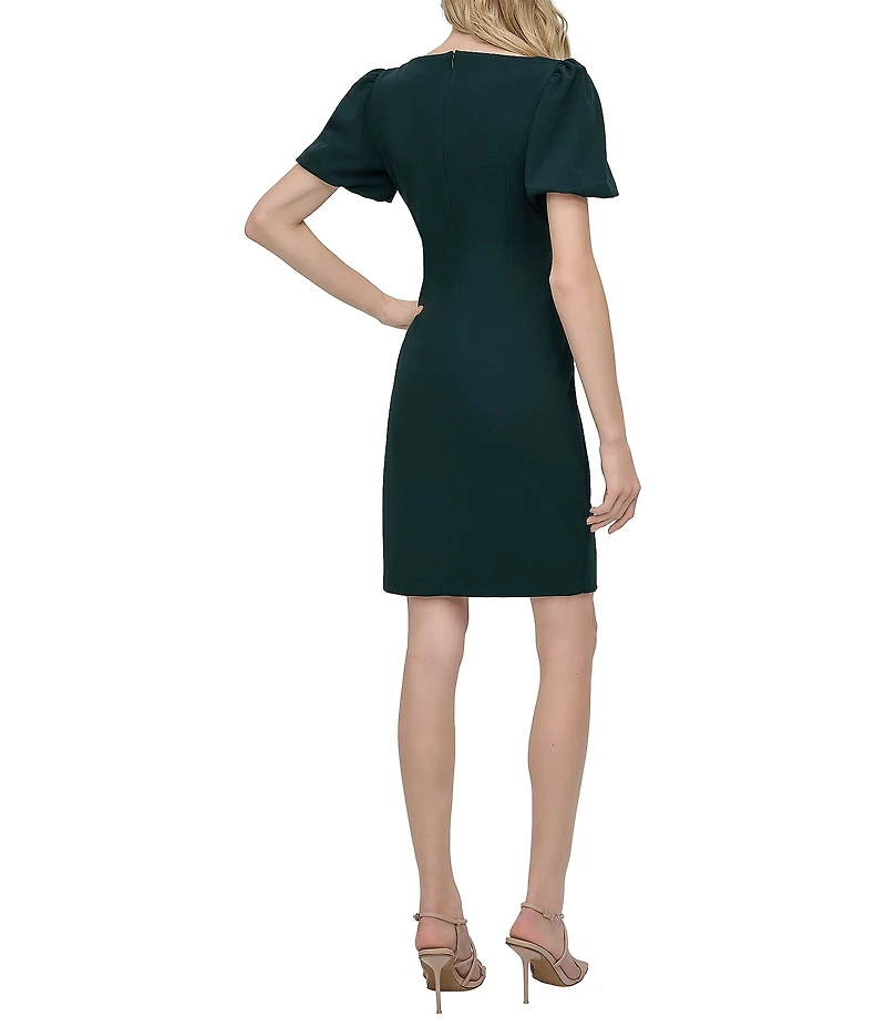 DKNY by Donna Karan Stretch Crepe Boat Neckline Short Puff Sleeve Ruched Front Sheath Dress
