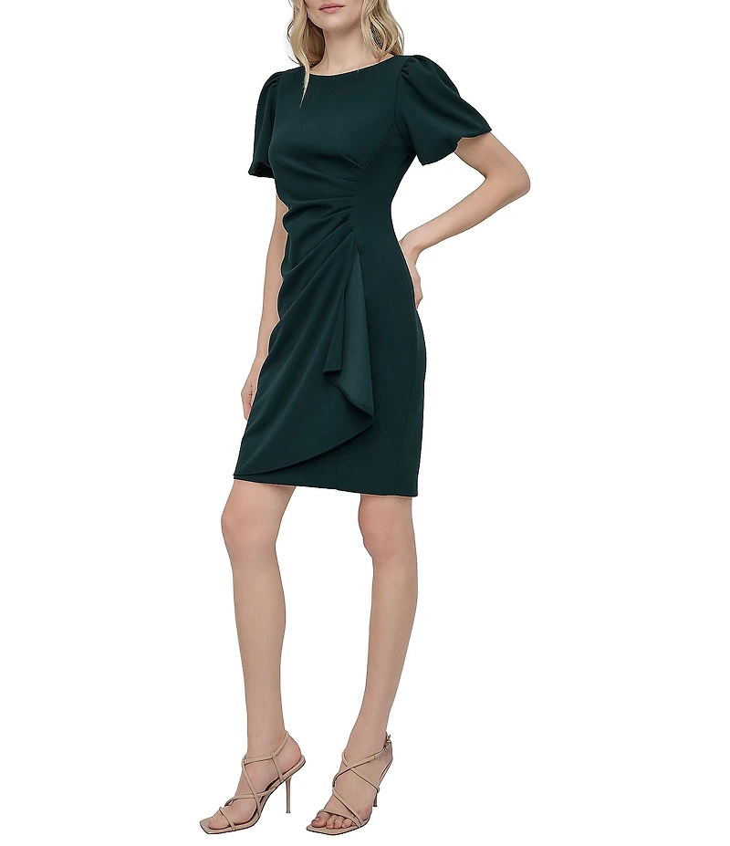 DKNY by Donna Karan Stretch Crepe Boat Neckline Short Puff Sleeve Ruched Front Sheath Dress