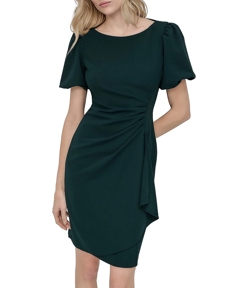 DKNY by Donna Karan Stretch Crepe Boat Neckline Short Puff Sleeve Ruched Front Sheath Dress