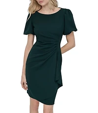 DKNY by Donna Karan Stretch Crepe Boat Neckline Short Puff Sleeve Ruched Front Sheath Dress