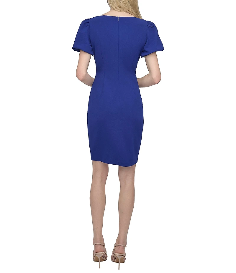 DKNY by Donna Karan Stretch Crepe Boat Neckline Short Puff Sleeve Ruched Front Sheath Dress