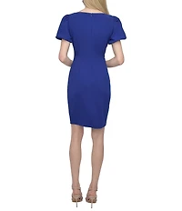 DKNY by Donna Karan Stretch Crepe Boat Neckline Short Puff Sleeve Ruched Front Sheath Dress
