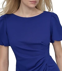 DKNY by Donna Karan Stretch Crepe Boat Neckline Short Puff Sleeve Ruched Front Sheath Dress