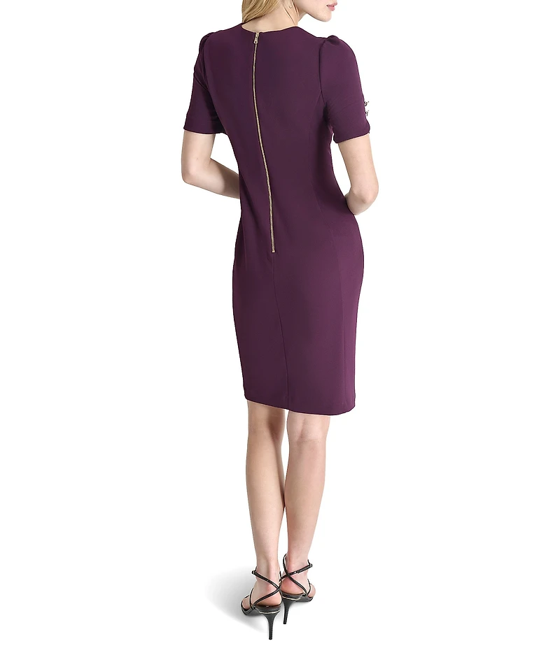 DKNY by Donna Karan Stretch Crepe Round Neckline Short Button Sleeve Sheath Dress