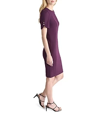 DKNY by Donna Karan Stretch Crepe Round Neckline Short Button Sleeve Sheath Dress