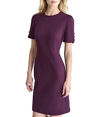 DKNY by Donna Karan Stretch Crepe Round Neckline Short Button Sleeve Sheath Dress
